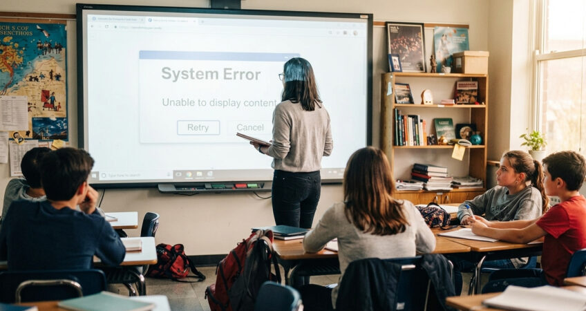 Teacher stands at interactive display that shows error message and students are disengaged