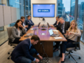 Business team in conference room experiencing technology issues with “no signal” display while one person adjusts cables during delayed meeting
