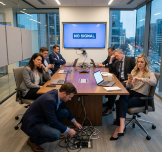 Business team in conference room experiencing technology issues with “no signal” display while one person adjusts cables during delayed meeting