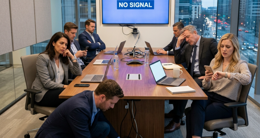 Business team in conference room experiencing technology issues with “no signal” display while one person adjusts cables during delayed meeting