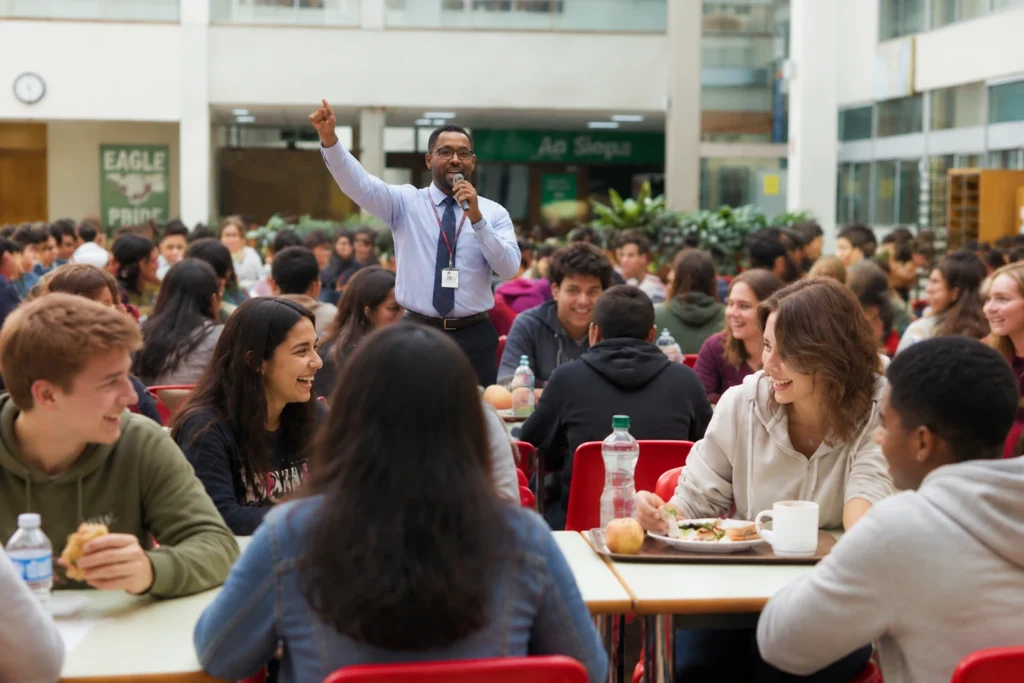 School audio system providing clear announcements in a cafeteria