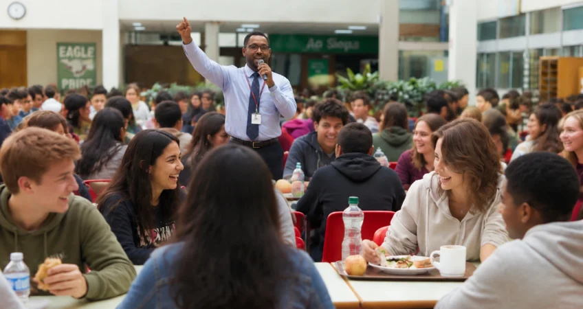 School audio system providing clear announcements in a cafeteria